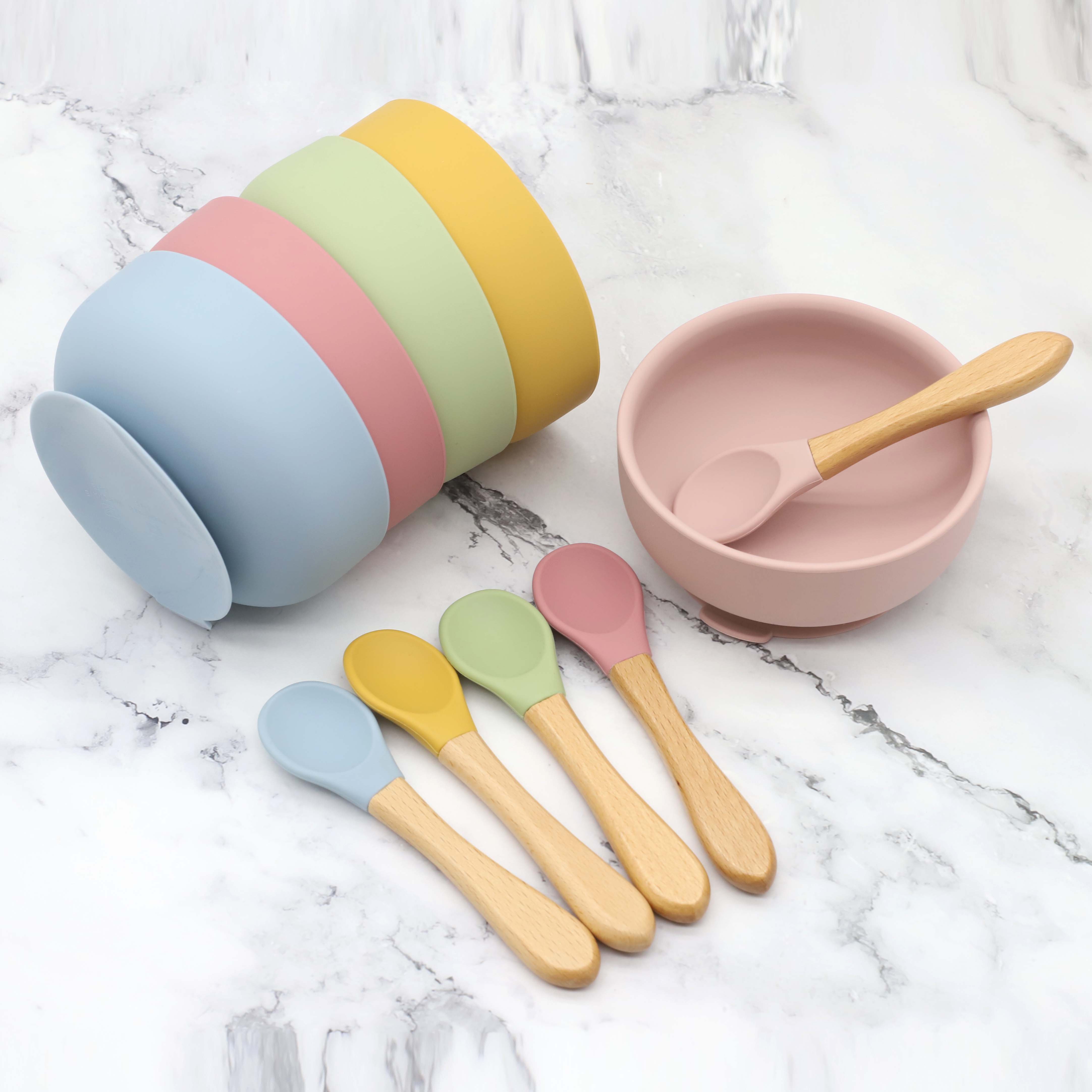 Silicone Suction Bowl - Silicone bowl with suction cup, wooden